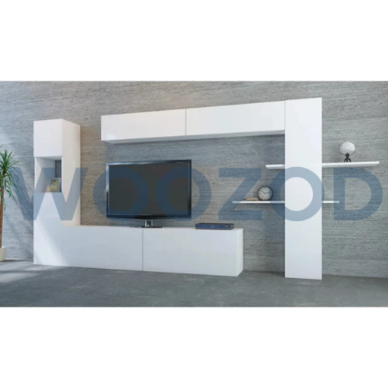 Woozod STRIX Two Pieces Media Wall Unit with console and wall-mount shelf, featuring multiple cabinets and display shelves for storage.