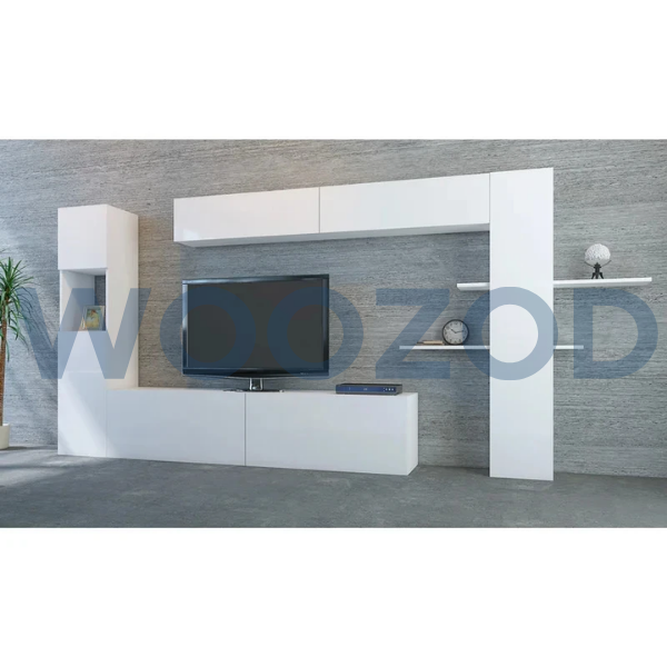 Woozod STRIX Two Pieces Media Wall Unit with console and wall-mount shelf, featuring multiple cabinets and display shelves for storage.