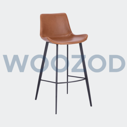 Segon bar stool with faux leather upholstery decorative stitching and powder-coated steel frame by Woozod Furniture.