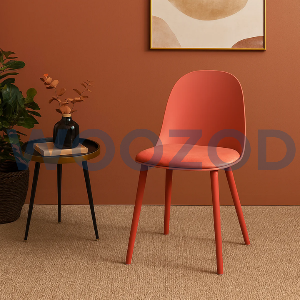 Woozod Sora Dining Chair with modern molded plastic seat and cushion in pink, grey, white, black, and yellow.