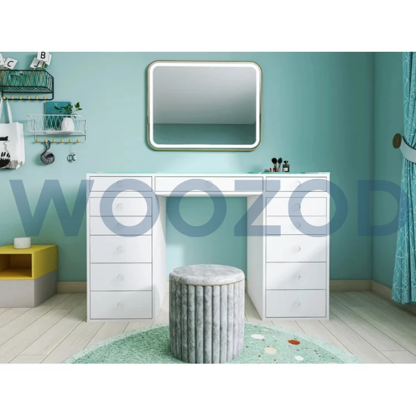 TRENDY white dressing table with glass top and thirteen drawers by Woozod Furniture.