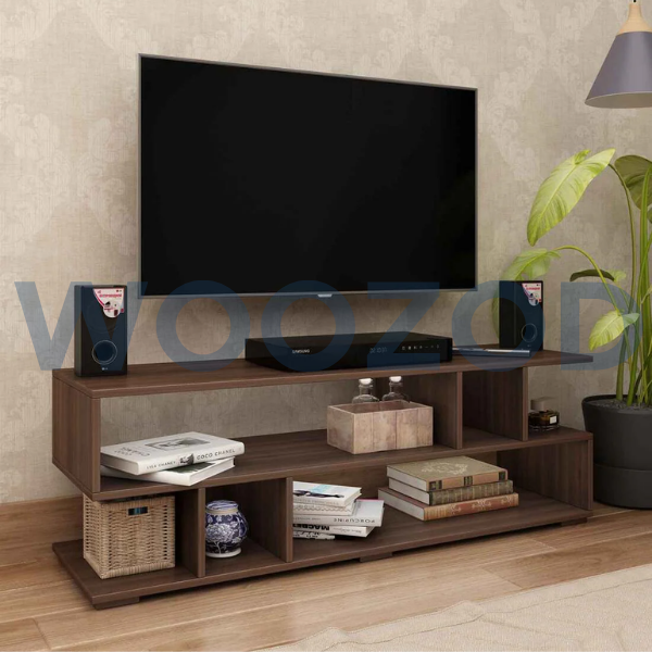 Woozod TV Console with open shelves, closed compartments, and built-in cable management system, designed for flat-screen TVs.