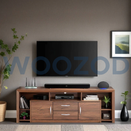Woozod TV Console for TVs up to 55 with open shelves, closed compartments, and built-in cable management system.
