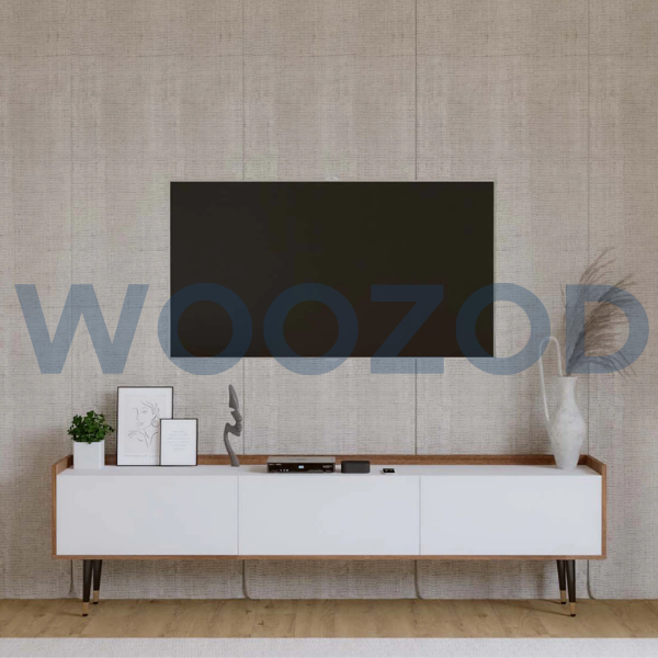 Woozod TV Console for TVs up to 75 Inch with open shelves, closed compartments, and built-in cable management system.