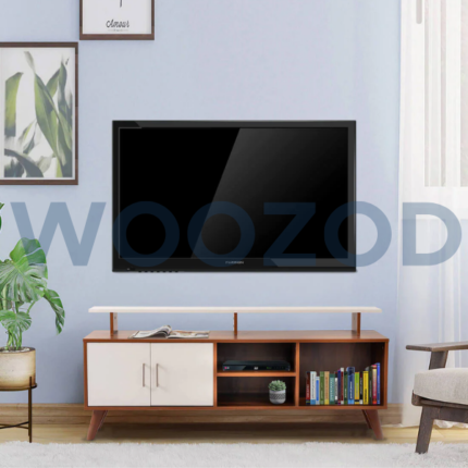 Woozod TV Console in Brown and White with open shelves, closed compartments, and built-in cable management system.
