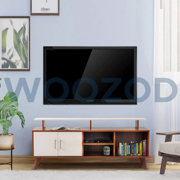 Woozod TV Console in Brown and White with open shelves, closed compartments, and built-in cable management system.