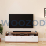Woozod TV Console in White Finish with open shelves, closed compartments, and built-in cable management system for flat-screen TVs.