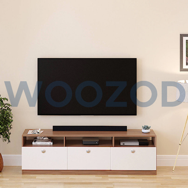Woozod TV Console in White Finish with open shelves, closed compartments, and built-in cable management system for flat-screen TVs.
