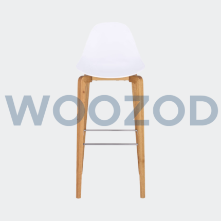 Tamo bar stool with oak frame, black or white polypropylene seat, and stainless steel footrest by Woozod Furniture.