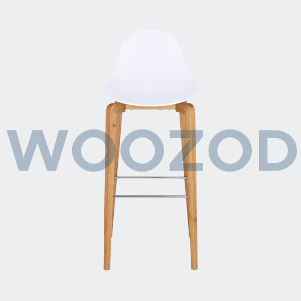 Tamo bar stool with oak frame, black or white polypropylene seat, and stainless steel footrest by Woozod Furniture.