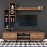 Walnut brown media wall unit with shelves and cabinets by Woozod Furniture.
