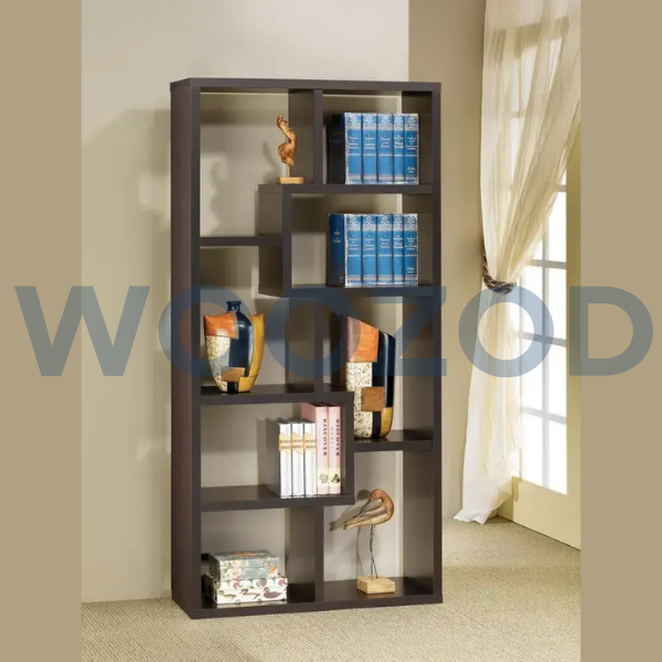 Woozod Vertical Rectangular Bookcase with ten shelves and a modern pattern, made from durable MDF and laminate construction.