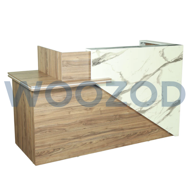 Woozod Vesta Reception Desk modern office counter with white marble and walnut finish.