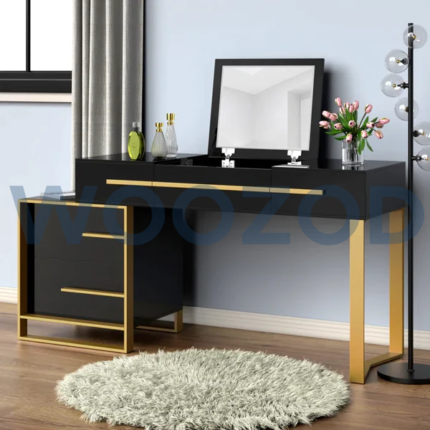 Wide vanity with mirror wooden dressing table with three sliding drawers by Woozod Furniture.